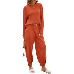 Women's Two Piece Outfits Sweater Sets Long Sleeve Knit Tops Sweatsuit-Rust